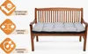 A wooden bench with a gray cushion, with marketing icons and text on the left. Podgląd zdjęcia produktu