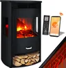 A black electric fireplace with a realistic LED flame effect, a remote control, and a smartphone displaying temperature settings. Produktbild-Vorschau