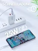 A smartphone is charging from a wall adapter plugged into a power strip. The image highlights fast charging. Podgląd zdjęcia produktu