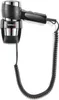 A black and silver wall-mounted hairdryer with a coiled cord. Produktbild-Vorschau