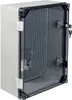 An open, empty electrical enclosure with a transparent door, showing internal mounting points and a perforated panel. Produktbild-Vorschau