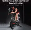 A man is riding a stationary bike in a dark room, with promotional text overlayed on the image. Produktbild-Vorschau