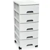 A white plastic drawer unit with five drawers and wheels. Produktbild-Vorschau