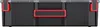 A black plastic storage box with red accents is shown from the front. Produktbild-Vorschau