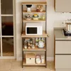 A kitchen shelf unit with various items on it, including a microwave, jars, and bowls. Podgląd zdjęcia produktu