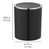 A black trash can with a silver rim and lid, shown with dimensions indicated by text overlays. Podgląd zdjęcia produktu