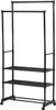 A black metal and plastic garment rack with two hanging rods and three shelves, shown against a white background. Náhled obrázku produktu