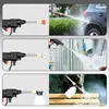 Collage showing a pressure washer being used for different tasks: cleaning grass, a car, and windows, with a foaming attachment. Podgląd zdjęcia produktu
