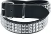 A close-up studio shot of a black leather belt with three rows of silver pyramid studs. Produktbild-Vorschau