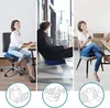 Collage of three people using a blue seat cushion in different settings: at a desk, outdoors on a bench, and relaxing at home. Includes illustrative icons at the bottom showing use cases. Produktbild-Vorschau