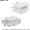Diagrams showing the dimensions of a white coffee table with drawers. Voir les images du produit