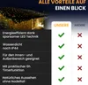 A comparison chart showing the features of a product compared to others, with a background image of a house decorated with lights. Produktbild-Vorschau