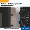 Close-up of a black microwave oven's control panel and interior, with text overlays highlighting features and brand. Produktbild-Vorschau