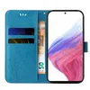 A blue flip case for a Samsung Galaxy A53 5G, open to reveal card slots and a banknote. Produktbild-Vorschau