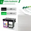 Product image showing printer ink cartridges and information about page yield, with a stack of paper in the background. Produktbild-Vorschau