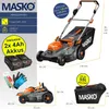 A collage of images showcasing a MASKO lawnmower, its accessories, and dimensions. Produktbild-Vorschau
