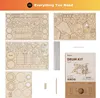 A collage of images showing the components and packaging of a wooden drum kit model. Podgląd zdjęcia produktu