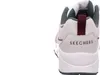 The back view of a white Skechers sneaker with gray and green accents. Voir les images du produit