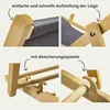 Collage showing close-ups of a wooden deck chair, highlighting its assembly and safety features. Náhled obrázku produktu