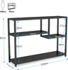 A diagram showing the dimensions of a black console table, with a silhouette of a person for scale. Podgląd zdjęcia produktu