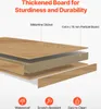 Diagram showing the layers of a thickened board for sturdiness and durability, with labels for melamine sticker and particle board thickness. Below are icons and text indicating waterproof, scratch-resistant, and easy to clean features. Voir les images du produit