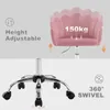 A split image showing the top half of a pink velvet office chair with text overlays and the bottom half showing the chrome base and wheels of the chair. Produktbild-Vorschau