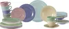 A collection of colorful ceramic plates and cups arranged on a white background. Produktbild-Vorschau