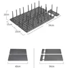 A collage of images showing a grey pegboard organizer with pegs for storage, including dimensions. Produktbild-Vorschau