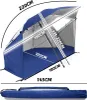 A beach umbrella tent with dimensions shown, and a folded version below. Voir les images du produit