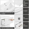 A collage of images showcasing a white bathroom vanity with a ceramic sink, highlighting its features like soft-close drawers, metal handles, and MDF construction. Produktbild-Vorschau