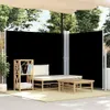 An outdoor patio scene with a retractable side awning, lounge furniture, and a small wooden shelf. Produktbild-Vorschau