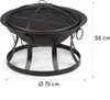 A black metal fire pit with a grill grate and a protective mesh lid, shown on a white background with dimensions indicated. Náhled obrázku produktu