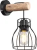 A wall lamp with a black metal cage and a wooden beam. Voir les images du produit