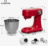 A red kitchen mixer with its accessories and dimensions shown. Produktbild-Vorschau