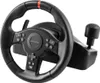 A black gaming steering wheel with a gear shifter and buttons, shown from a diagonal angle against a white background. Produktbild-Vorschau