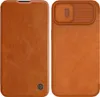 A brown leather phone case is shown from the front and back. Produktbild-Vorschau