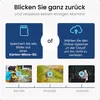 A marketing image showing two options for storing photos: on a Micro-SD card or in the cloud, with example photos from different dates. Produktbild-Vorschau