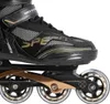 A close-up side view of a black and gold inline skate. Náhled obrázku produktu