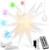 A white 3D star-shaped LED light is displayed prominently, with several smaller, colored star lights visible in the background. Accessories like a remote control, plug, and spare parts are arranged at the bottom. Produktbild-Vorschau