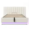 A white upholstered bed frame with a slatted mattress base and LED lighting underneath. Produktbild-Vorschau