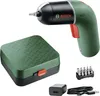 A Bosch IXO 6 Akku-Schrauber set is displayed against a white background, including the screwdriver, a storage case, a set of bits, a USB charger, and a USB cable. Produktbild-Vorschau