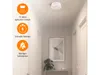 A hallway with a smoke detector mounted on the ceiling and marketing icons on the left. Produktbild-Vorschau