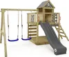 A wooden pirate-themed play structure with swings, a slide, and a ladder, set against a white background. Produktbild-Vorschau