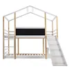 A white and wood bunk bed with a slide and ladder against a white background. Náhled obrázku produktu