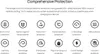 A graphic displaying various protection features of a charger with icons and text descriptions. Produktbild-Vorschau