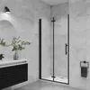 A modern bathroom with a black framed glass shower enclosure.