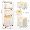 A diagram showing a bamboo laundry basket with three storage bins, with dimensions and color details. Anteprima dell’immagine prodotto