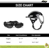 A size chart for dog helmets and goggles, showing measurements for head circumference and chin adjustable straps. Produktbild-Vorschau