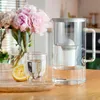 A glass water filter pitcher and a glass of water with a lemon slice on a wooden table, with a bouquet of pink peonies in the background. Náhled obrázku produktu