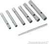A set of six silver-colored metric tube socket wrenches and a handle, arranged on a white background. Produktbild-Vorschau